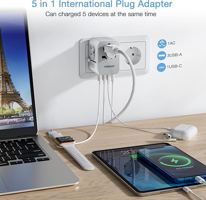TESSAN Universal Travel Adapter 5 USB Ports - Gray - Image 5