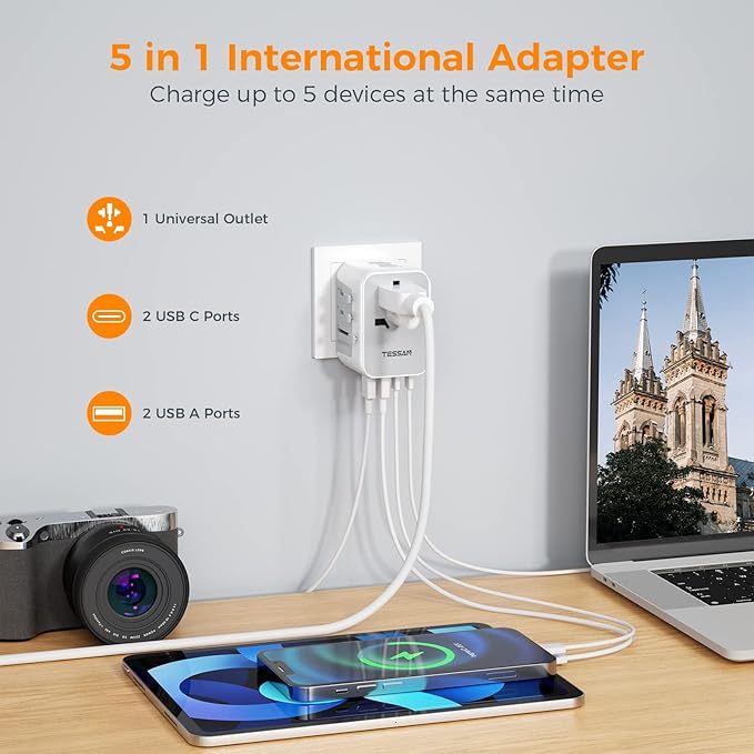 TESSAN Universal Travel Adapter 5 USB Ports - Gray - Image 6