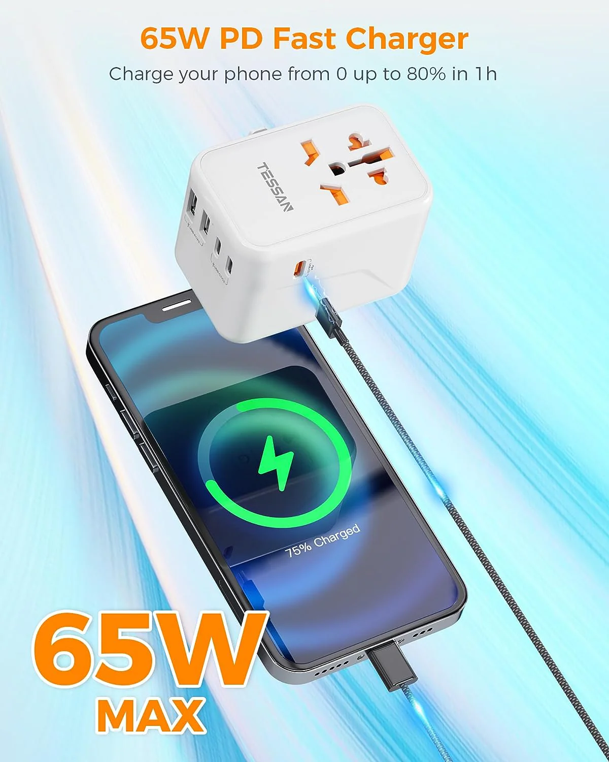 TESSAN GaN Universal Travel Adapter with USB-C - White - Image 3