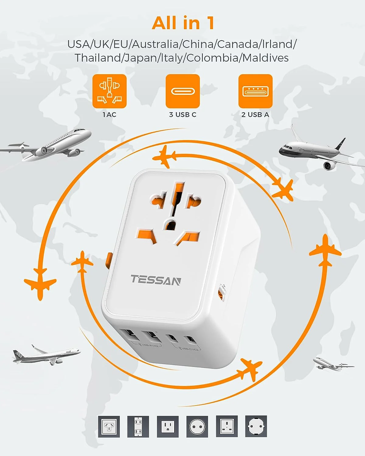 TESSAN GaN Universal Travel Adapter with USB-C - White - Image 4