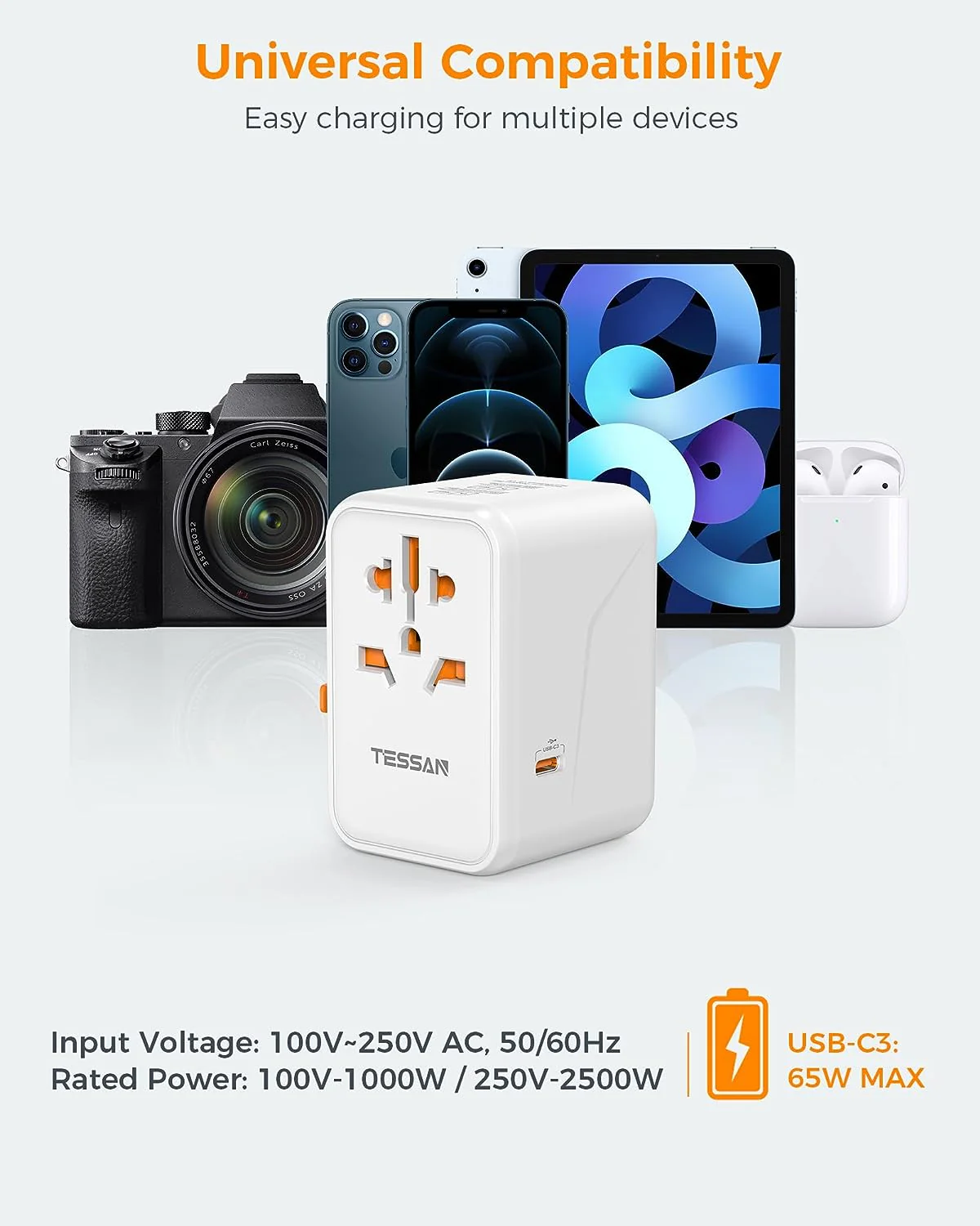 TESSAN GaN Universal Travel Adapter with USB-C - White - Image 7